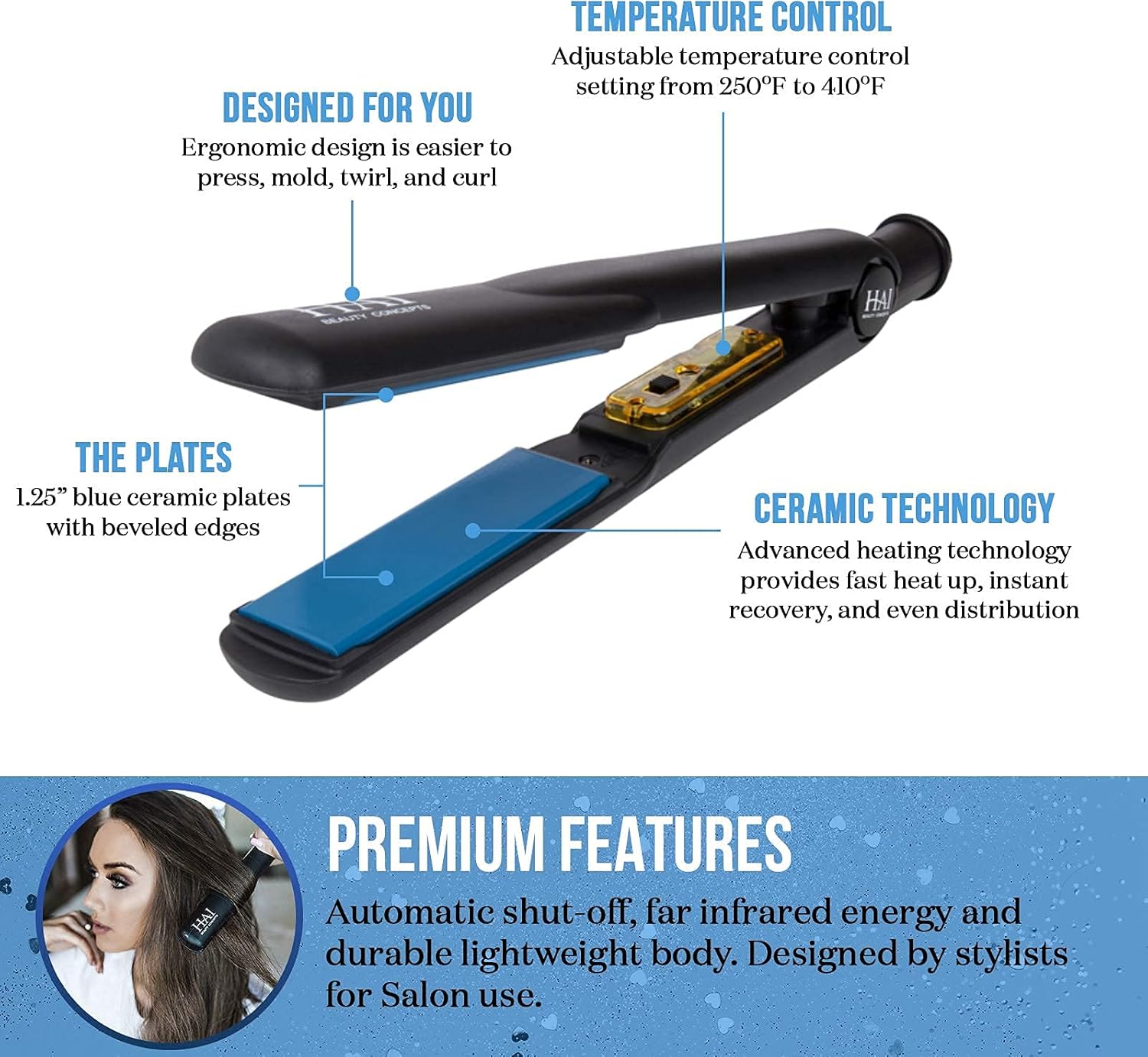 HAI Convertible Ceramic Hair Straightener for Women - Professional Fast Heating Flat Iron with 5 Temperature Levels for All Hair Types - (Classic Blue) - Image 3