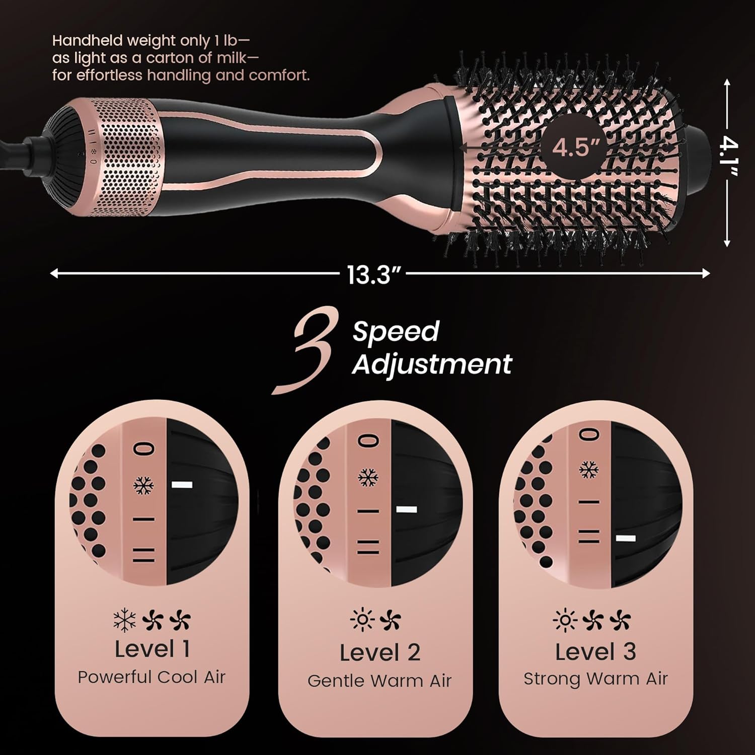 PRITECH 1000W Dual Voltage Ceramic Ionic Hair Dryer Brush,4-in-1 Hot Air Styler & One Step Volumizer for Straight & Curly Hair Salon (110-120V/220-240V),Black Gold - Image 6