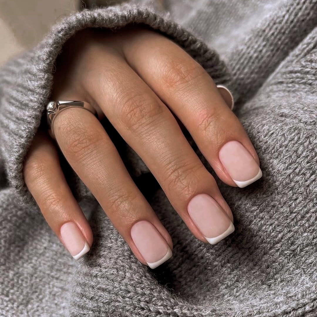 Matte White French Tip Press on Nails Short Square Nails Press ons, Short Fake Nails Coffin Acrylic French Glue on Nail False for Women, Natural12 Sizes 24 Pcs - Image 3