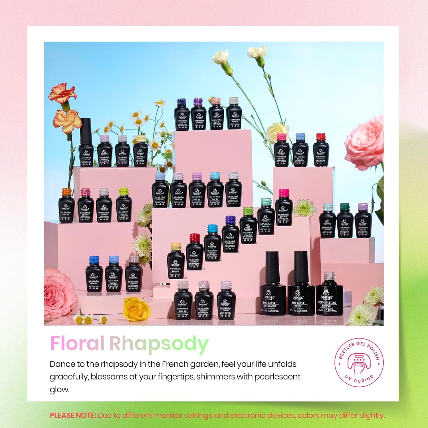 beetles Summer Gel Polish Nail Set 36 Colors Floral Rhapsody Collection Pastel Bright Girly Sparkle Glitter Polish with 3Pcs Base Matte & Glossy Top Soak off Uv Lamp All Seasons Gifts for Her - Image 4