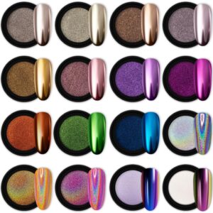 Artdone 16 Jars Chrome Nail Powder Nail Art Fimo Striping Tape Lines Decoration Metallic Mirror Effect Holographic Aurora Chameleon Pigment Powder 1g/Jar Pearl for Resin Craft & Nail Art