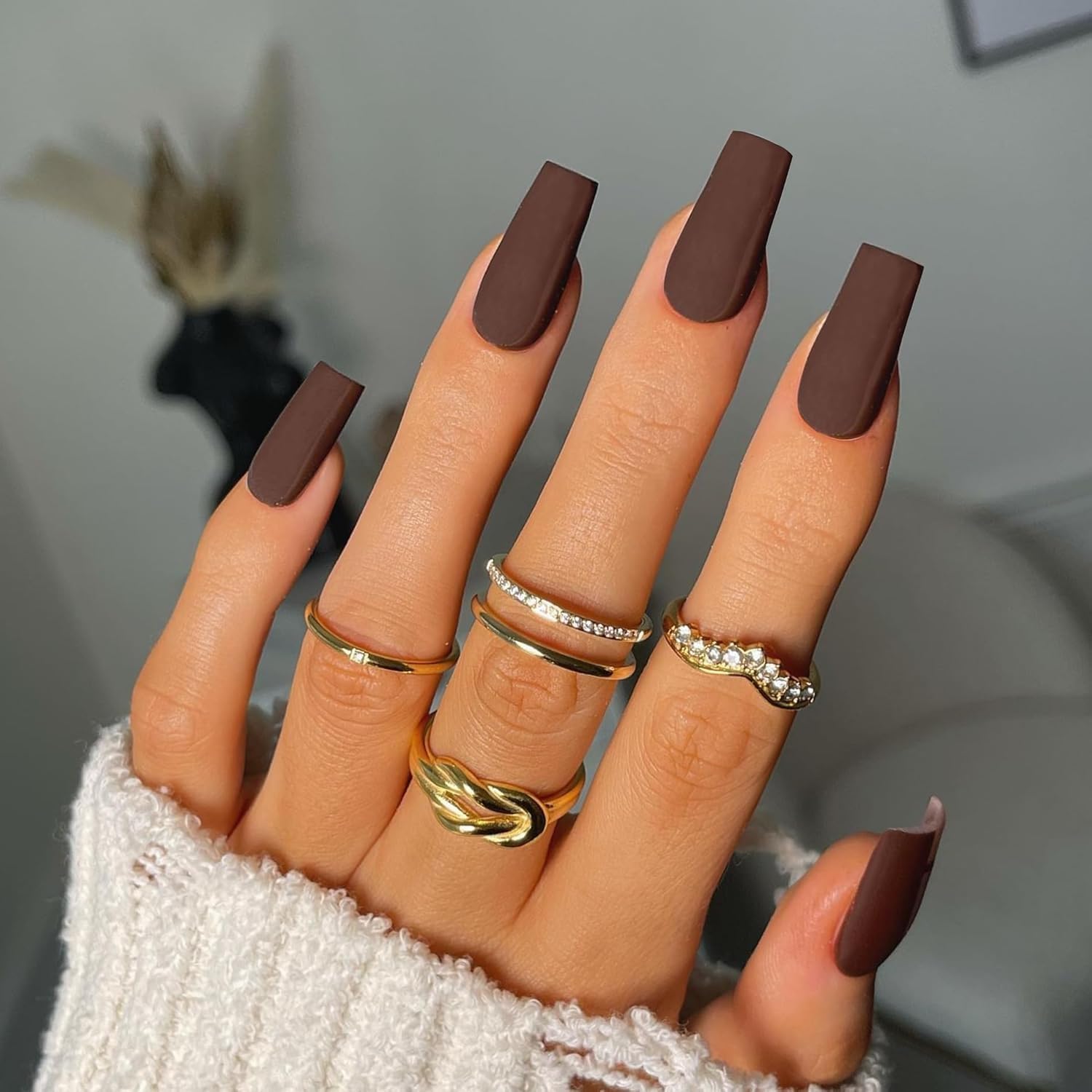 KQueenest Matte Brown Fall Press on Nails Long Medium Square, Fake Nails Press ons, Glue on Nails Coffin For Women, Natural Gel Square Tip Nails, Acrylic False Nails Set for Fall Winter Decoration - Image 2