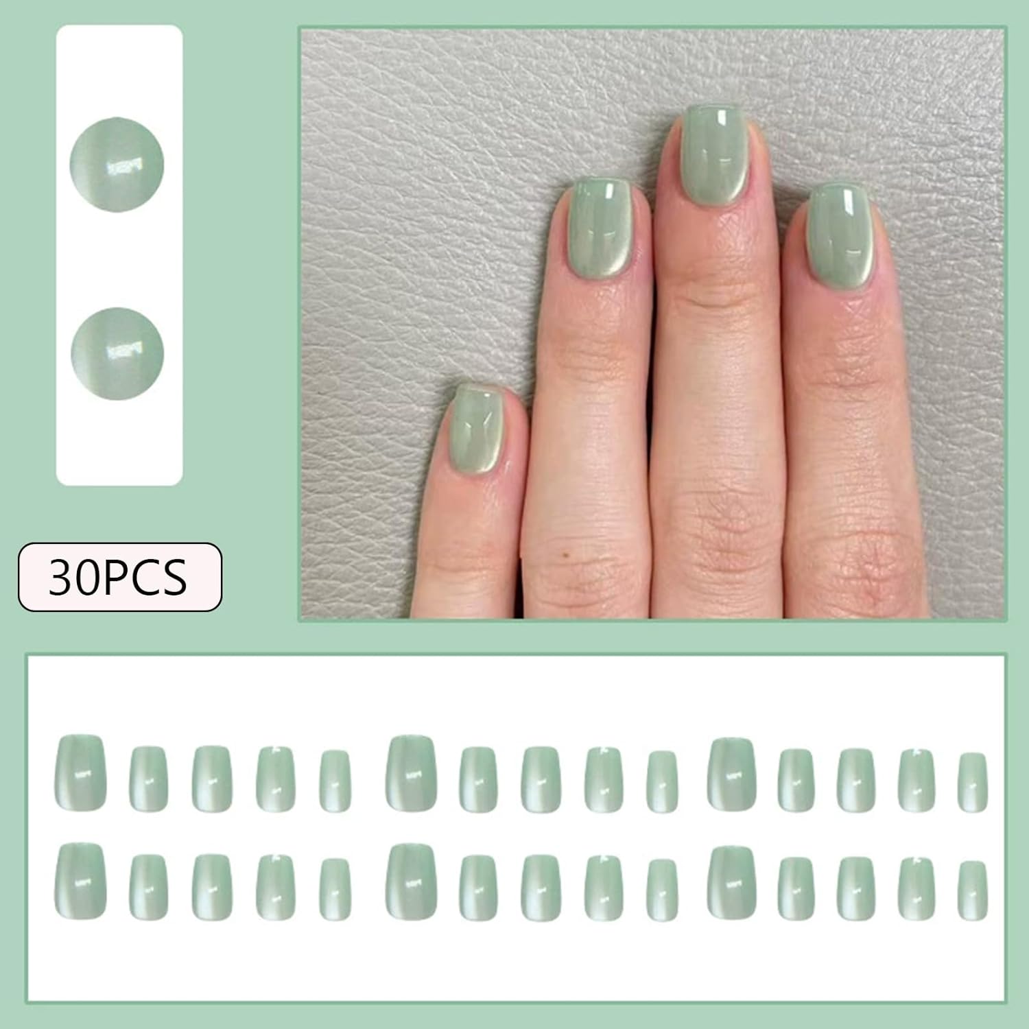Short Square Press on Nails Fresh Mint Green Cat Eye Fake Nails Pale Green Acrylic False Nails Press ons Glossy Artificial Stick on Nail for Women Girls 24Pcs - Image 2
