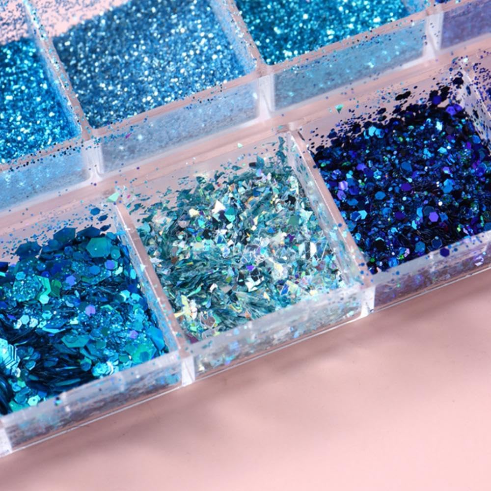 Nail Art Foil Flakes Powder 3D Holographic Nail Art Foil Glitter Sequins Blue Glitter Nails for Women Girls Acrylic Nails DIY Decorations Charms - Image 6