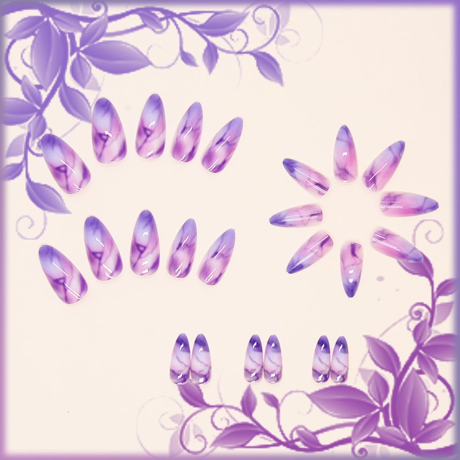 24Pcs Marble Press On Nails with Ombre Design, Gradient Manicure Art Acrylic Medium Almond Fake Nails, Stick On Glossy Purple Gradient Full Cover False Nails Gel Glue On Nails for Women and Girls - Image 3