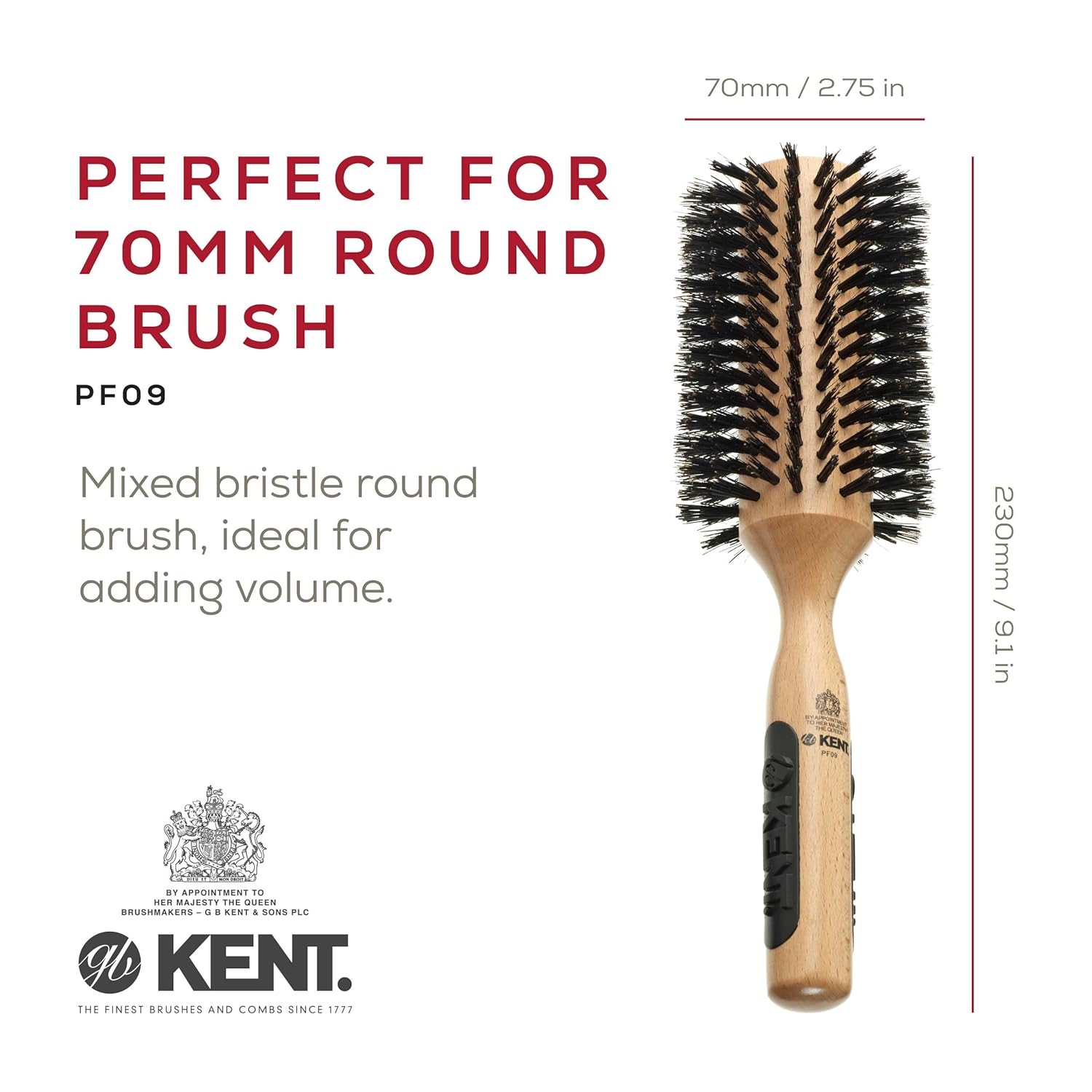 Kent PF09 Large Round Curling Brush with Hard Natural Boar Bristle - Hair Drying Brush, Round Hair Brush, and Blowout Brush - Small Round Brush for Dry Hair - For Shoulder Length or Shorter Hair - Image 2