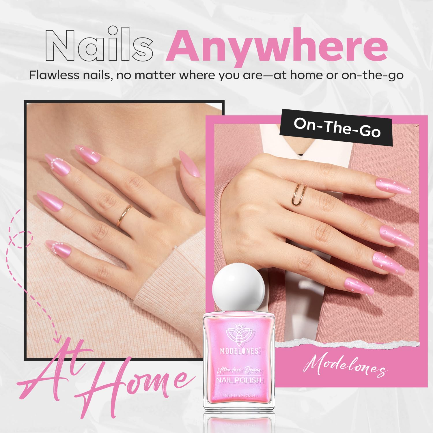 modelones Shine Pink Nail Polish, 15ml Shimmer Pearl Pink Nail Polish Quick Dry Nail Lacquer Strengthener Long Last Shine Fingernail Toe Nail Art DIY Home Travel Manicure Gift for Women Girls - Image 4