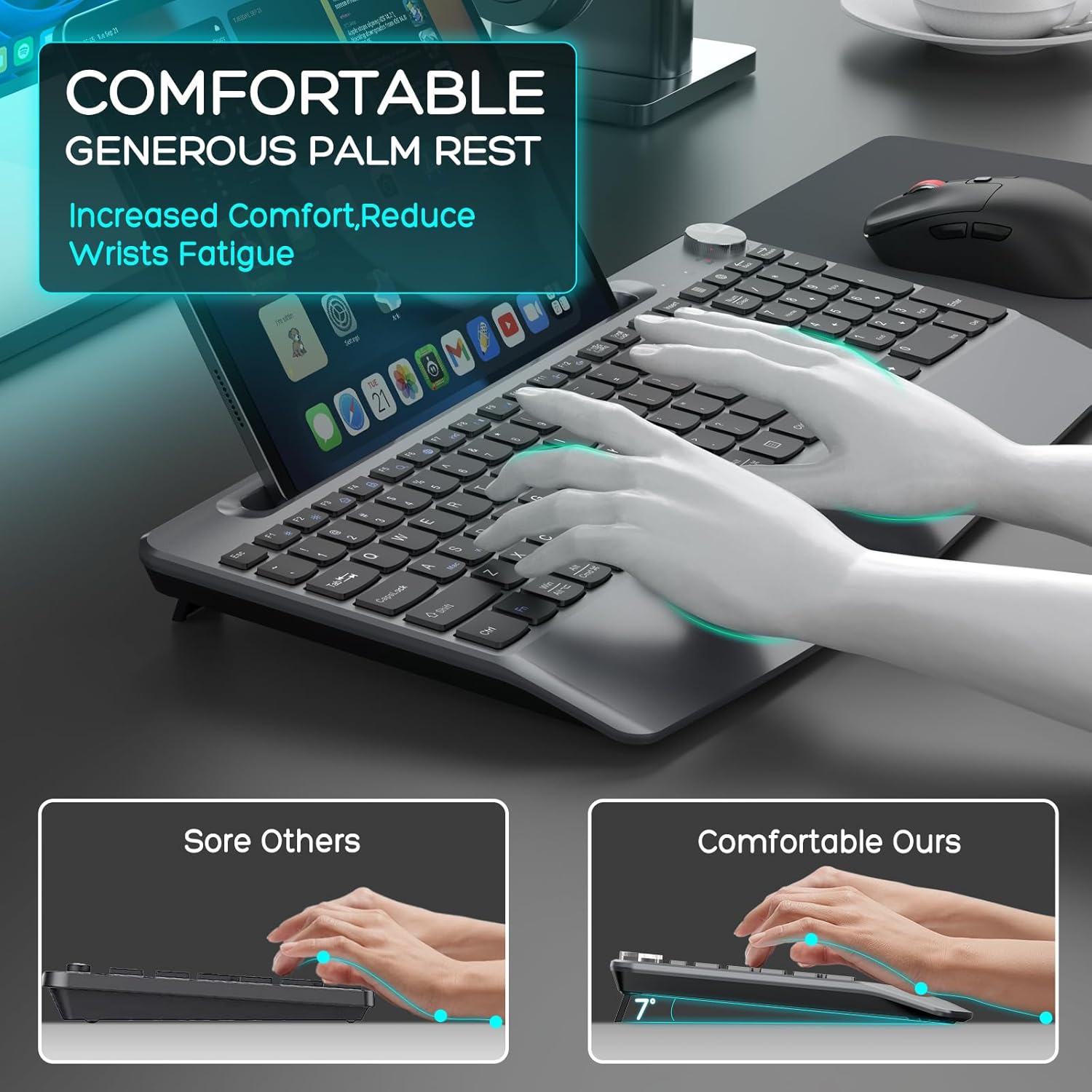 Ergonomic Wireless Keyboard and Mouse with Wrist Rest,Phone Holder - 2.4GHz Full-Sized Low-Profile Quiet Wireless Mouse and Keyboard Combo for Computer, Laptop, PC, Mac-Grey - Image 2