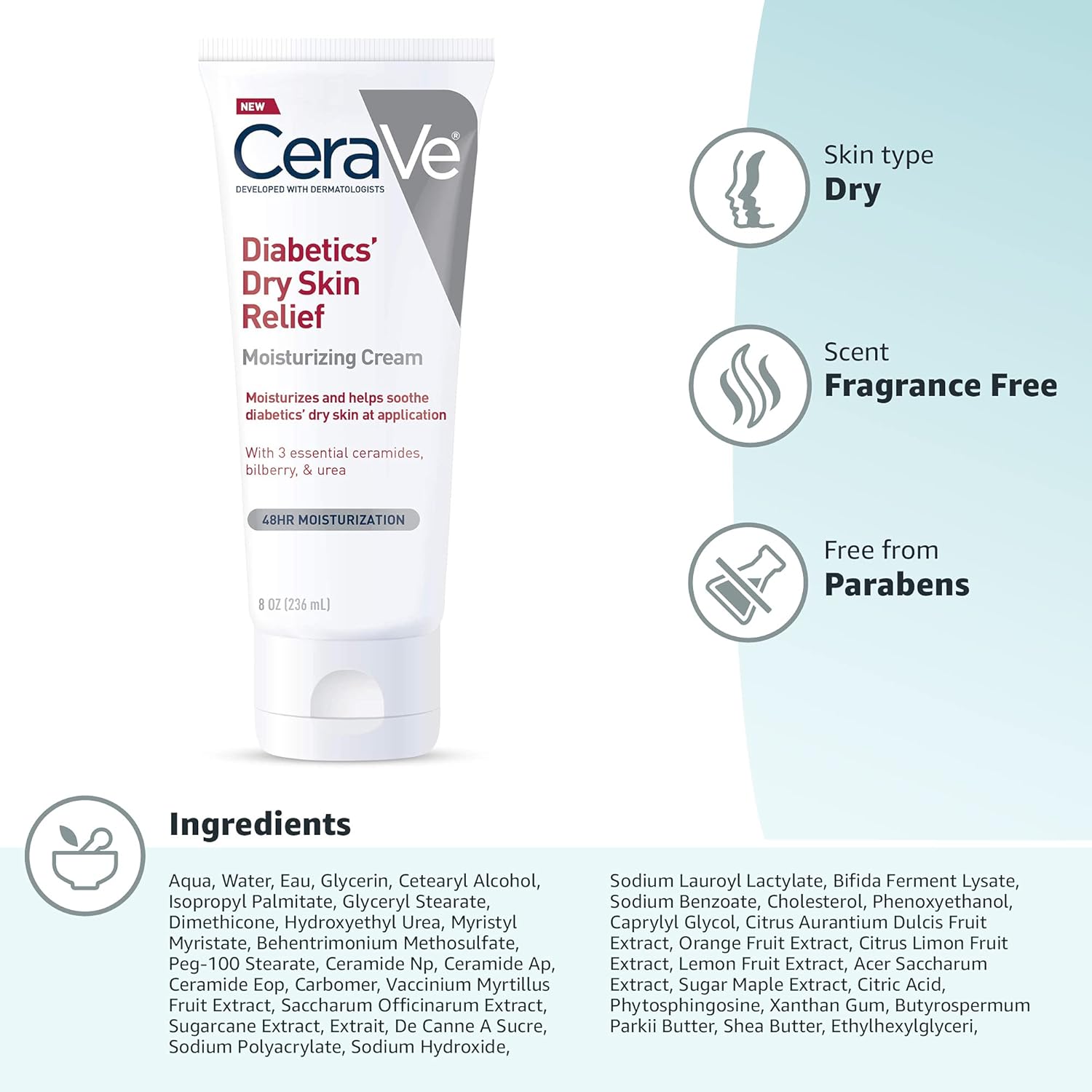 CeraVe Moisturizing Cream for Diabetics’ Dry Skin, Urea Cream with Bilberry for Face and Body, Fragrance Free & Paraben Free, 8 Ounce - Image 6