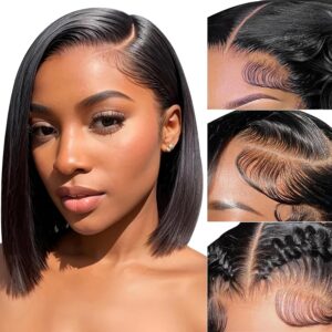 Bob Wig Human Hair 180% Density 13x4 HD Transparent Lace Front Wigs Human Hair Pre Plucked Short Bob Glueless Straight Wigs Human Hair for Women Natural Black 10 Inch