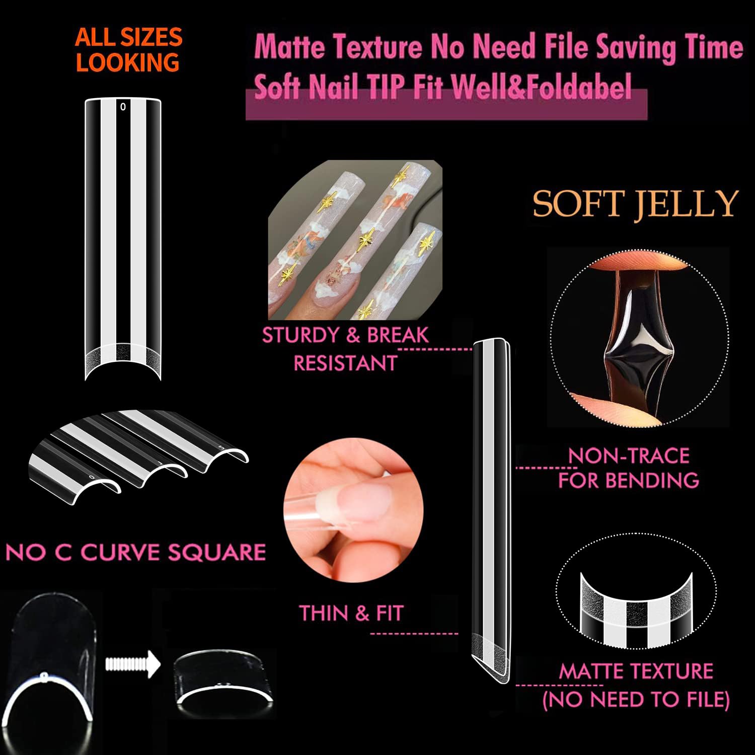 UNA GELLA Nail Tips Square XXL Tips 120 PCS No C Curve Gel Tips Extra Long Square Straight Nails Half Fake Nail Tips No Trace for Acrylic Nails Tips for Home DIY with Box - Image 4