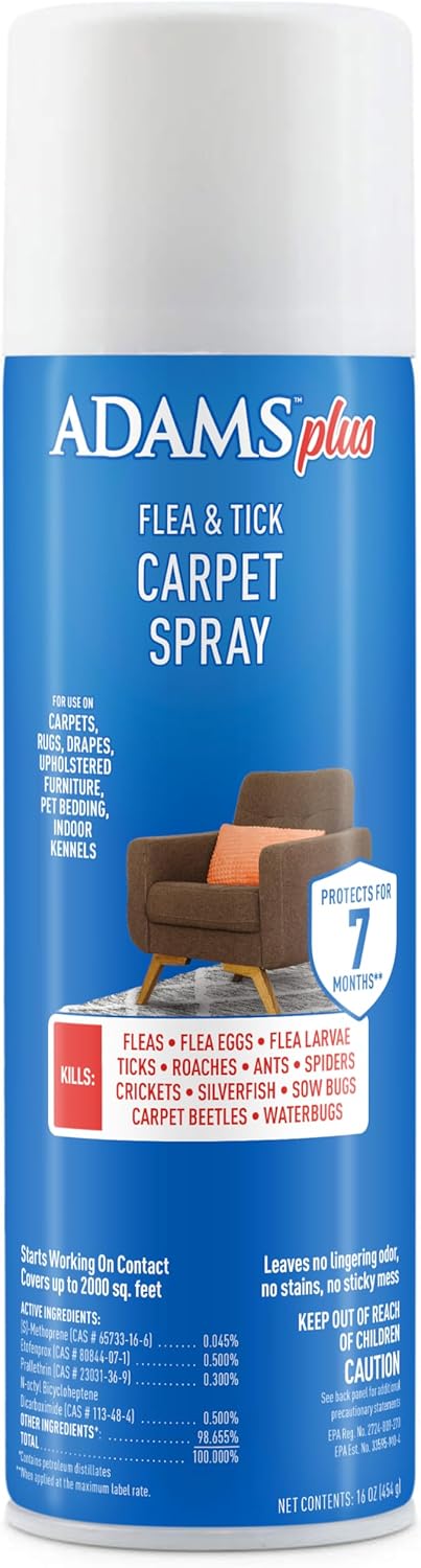 Plus Flea & Tick Carpet Spray, Kills Fleas, Flea Eggs, Flea Larvae, Ticks, Ants, Roaches, Spiders, Waterbugs & Many Other Listed Nuisance Pests In The Carpet, Treats Up to 2,000 Sq Ft, 16 Ounces