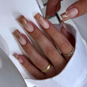 Press On Nails - Long Square Brown Marble Gradient False Nails, Glossy Glue On, Artificial Squoval Nude Nails, Full Cover Acrylic Gel, Stick On, 24 Pcs