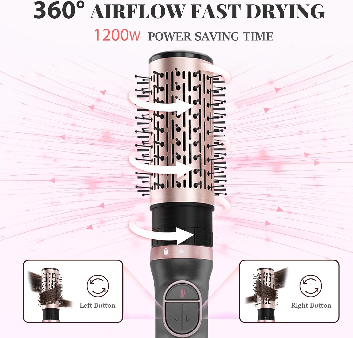 Rotating Hair Dryer Brush, 4-in-1 Rotating Blow Dryer Brush & Hot Air Spin Dryer Brush, 2 Detachable Brushes (1.5" & 2"), 3 Temperature & Speed Settings, 1200W - Image 2
