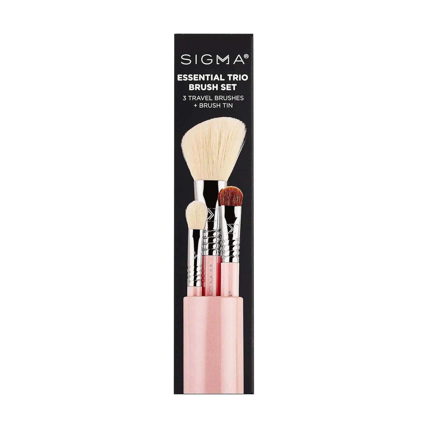 Sigma Beauty Travel Essential Trio - Makeup Brush Set for Foundation Powder Eyeshadow - 3 Tool Brushes with Brush Tin Holder - - Skin Safe, Vegan Makeup Brushes for Travel - Light Pink - Image 7