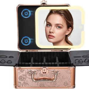 Makeup Case with Magnetic Lighted Mirror Cosmetic Train Box Detachable LED Mirror Adjustable Brightness in 3 Colors Waterproof Storage Organizer Artist Suitcase with Dividers Brush Holder, Rose Gold
