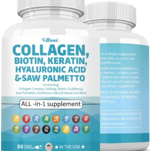 Collagen Pills 1000mg Biotin 10000mcg Keratin Saw Palmetto 2500mg Hyaluronic Acid - Hair Skin and Nails Vitamins and DHT Blocker with Vitamin E Folic Acid Pumpkin Seed MSM for Men and Women,60 Count