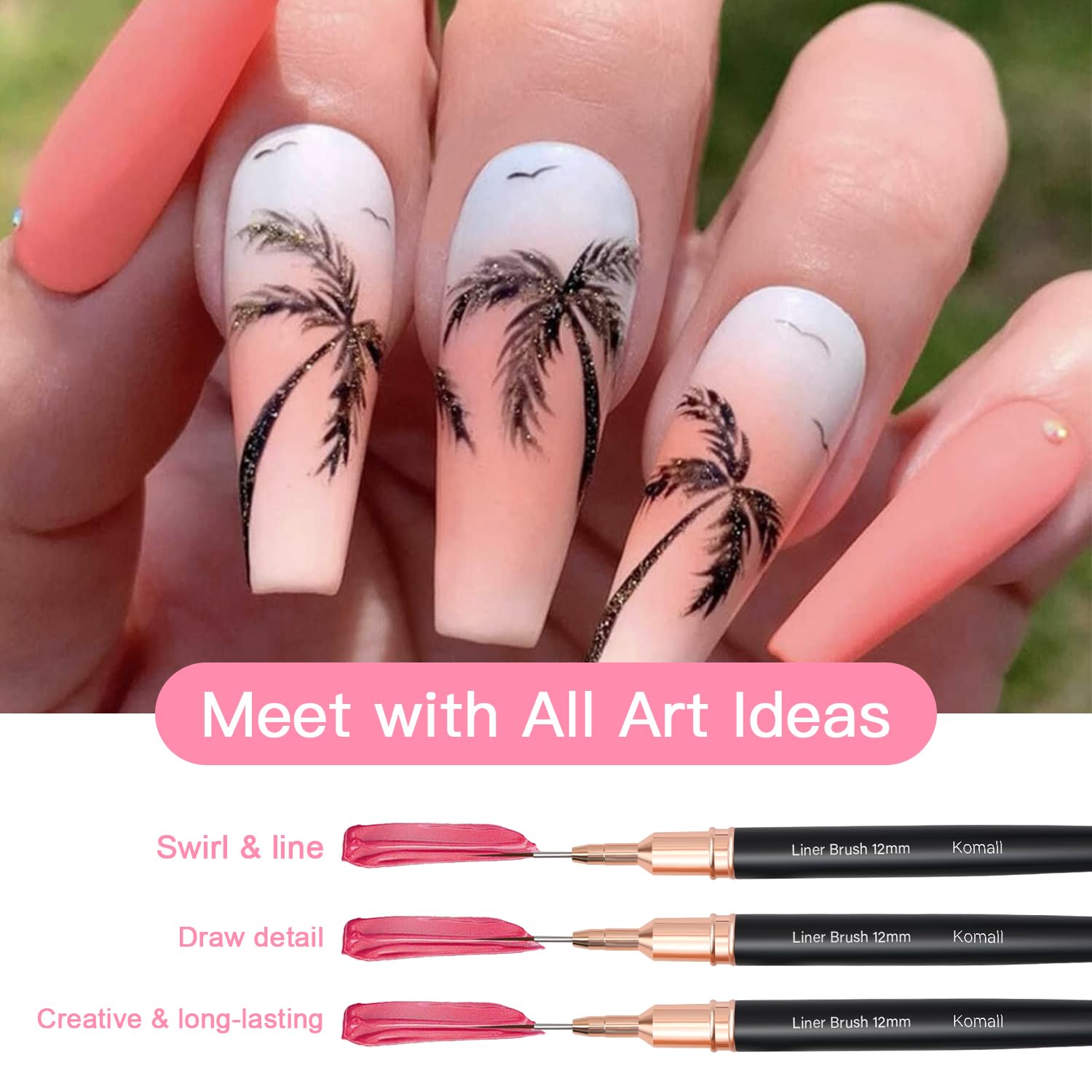 Metallic Nail Art Brushes, 5Pcs Liner Brush Set, UV Gel Polish Painting Art Design Pen for Long Lines, Thin Details, Fine Drawing Sizes 4/8/12/20/25mm(Black) - Image 2