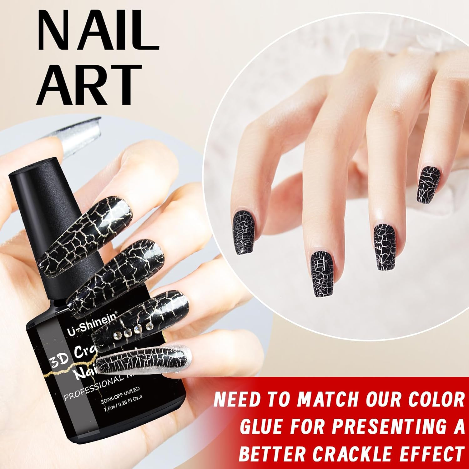 3D Crackle Gel Nail Polish, Magic Black Crackle Nail Polish, Amazing Crackle Effect Patterned Nail, Long-lasting & Cool Crackle Air Dry UV LED Lamp Needed Nail Gel Polish - Image 2