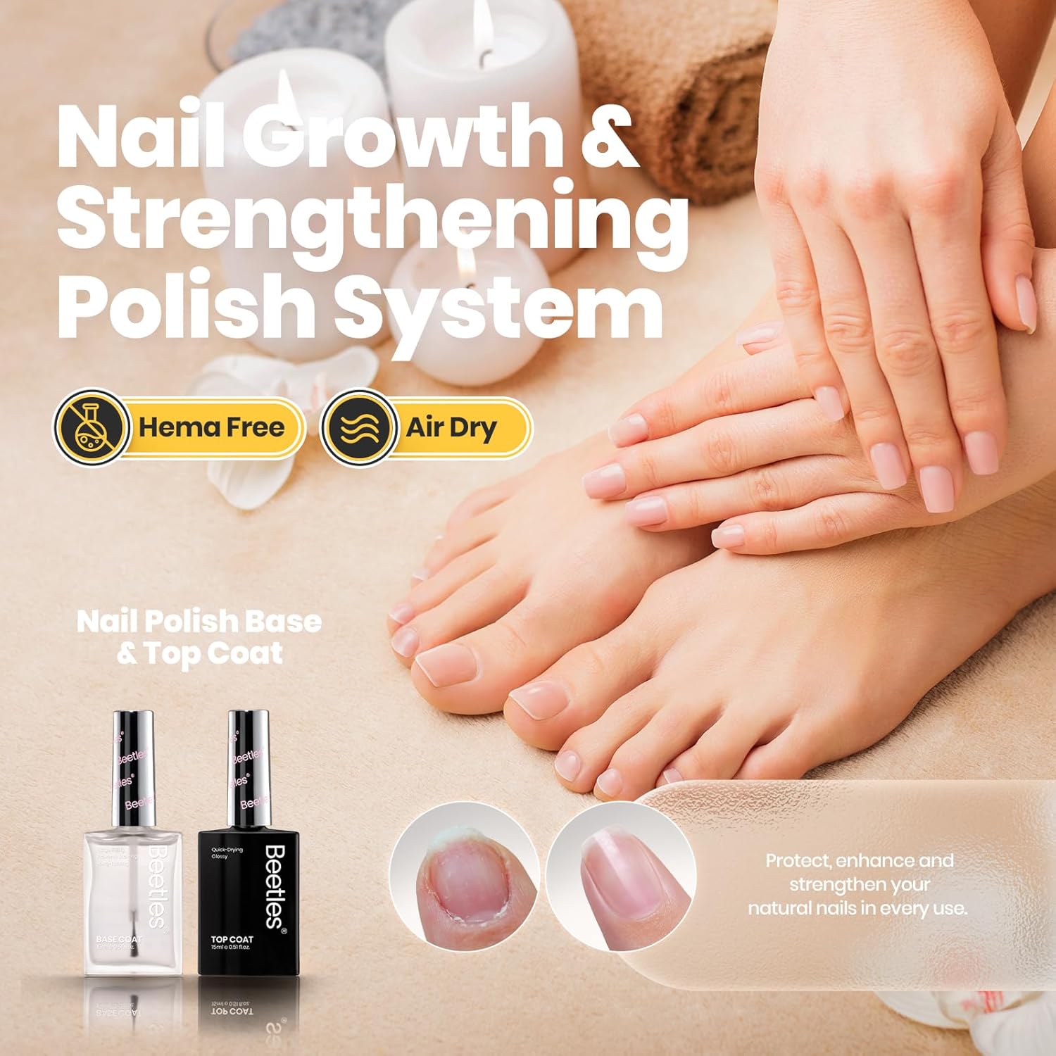 Beetles 2Pcs 15ml Nail Polish Top Coat and Base Coat Set, Fast Drying & Long Lasting Shine Clear Nail Polish, 3 IN 1 Protects Nails, Enhances Glossy and Nourishes Nails - Image 2