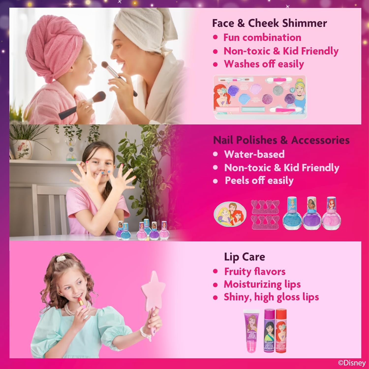 Disney Princess Train Case Beauty Set, Kids Makeup Kit for Girls, Real Washable Makeup Set, Play Makeup, Party Favor, Birthday, Ages 3 4 5 6 7 8 9 10 11 12 by Townley Girl - Image 6