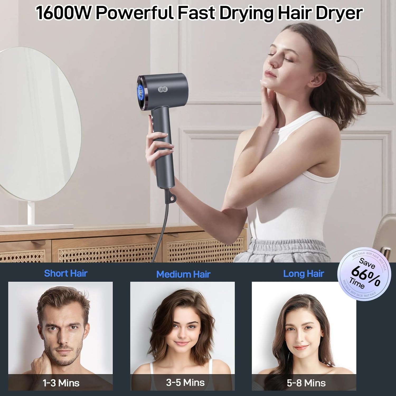 CIICII Negative Ionic Hair Dryer Professional, 120000RPM High Speed Blow Dryer (1600W Brushless/ 3-Speed/ 4-Temp & HD Display & Portable Bag) Fast Drying Hairdryer for Home, Travel & Salon (Black) - Image 5