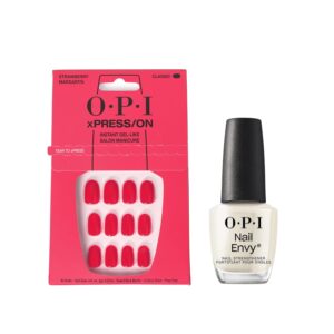 Bundle of OPI xPress/On Press On Nails, With Nail Glue, Short Pink Nails,Strawberry Margarita + OPI Nail Envy, Nail Strengthening Treatment, Stronger Nails in 1 Week, Vegan Formula, 0.5 fl oz