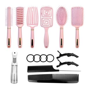 11PCS Hair Brush Set, Round Brush and Paddle Hair Brush Great On Wet Long Thick Hair, Detangling Brush and Spray Bottle for Wavy Curly Hair Pink