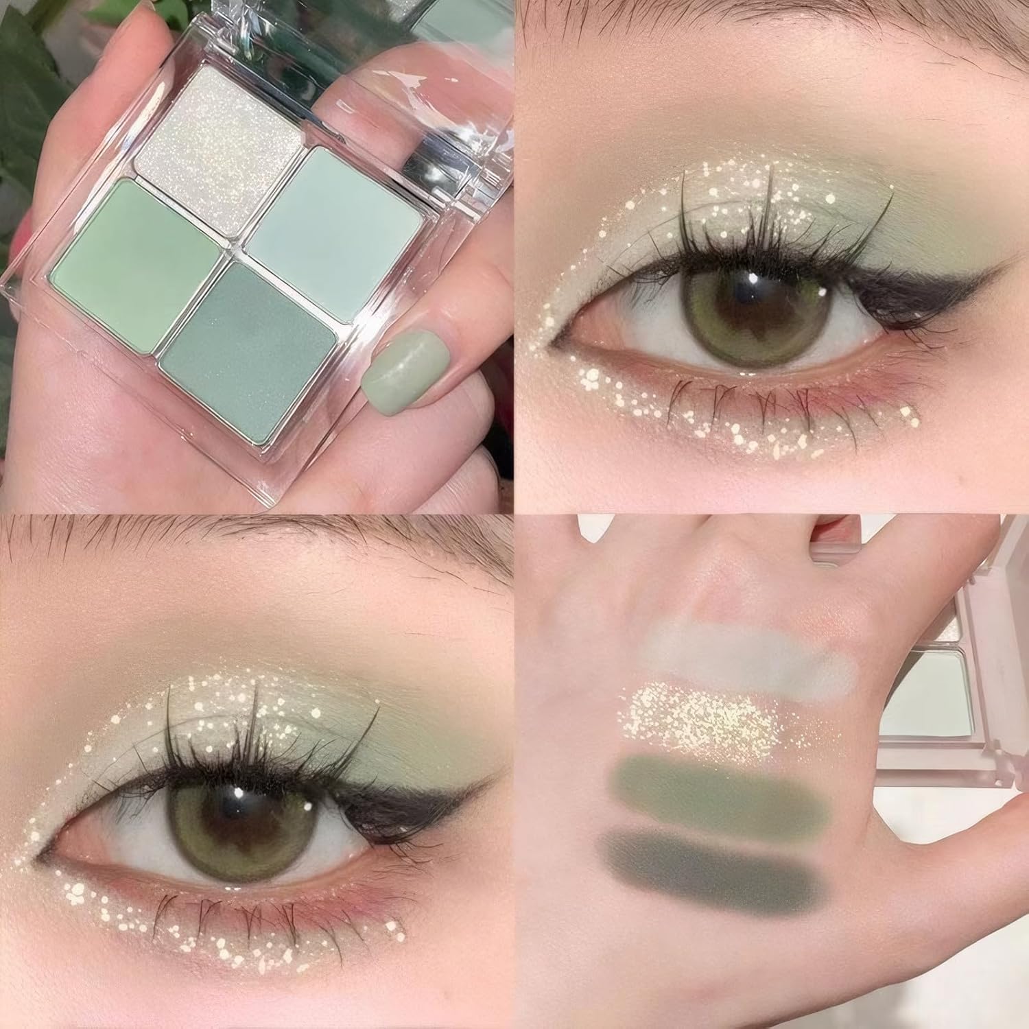 Matte Light Green Glitter Eye Shadow Makeup Palette 4 Colors, Highly Pigmented Mint And Seafoam Green Waterproof Eyeshadow Palette For Woman - Image 4