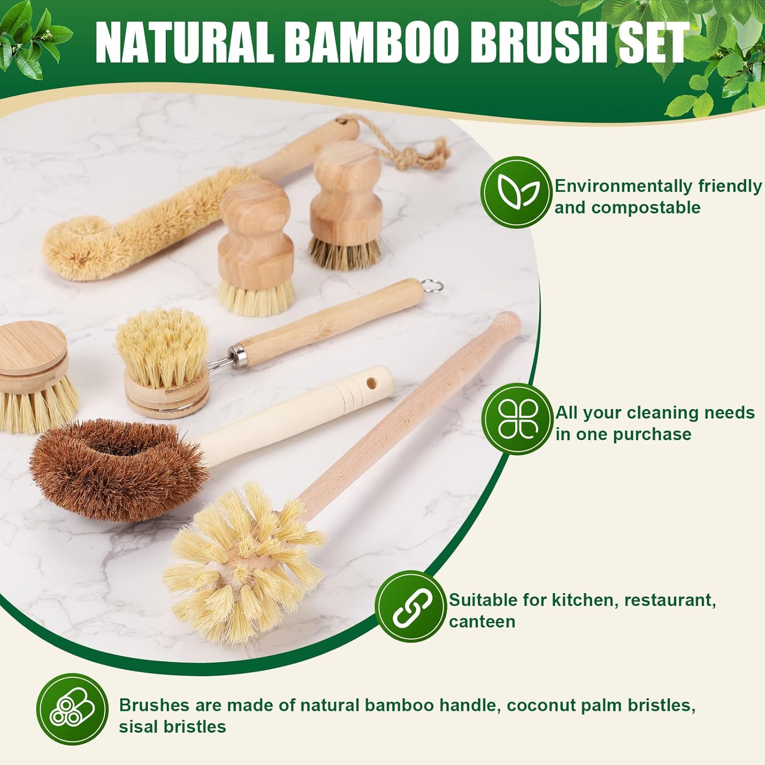 8 Pc Natural Sisal Bristle Bamboo Dish Brush Set for Pots Pans and Household Cleaning - Image 2