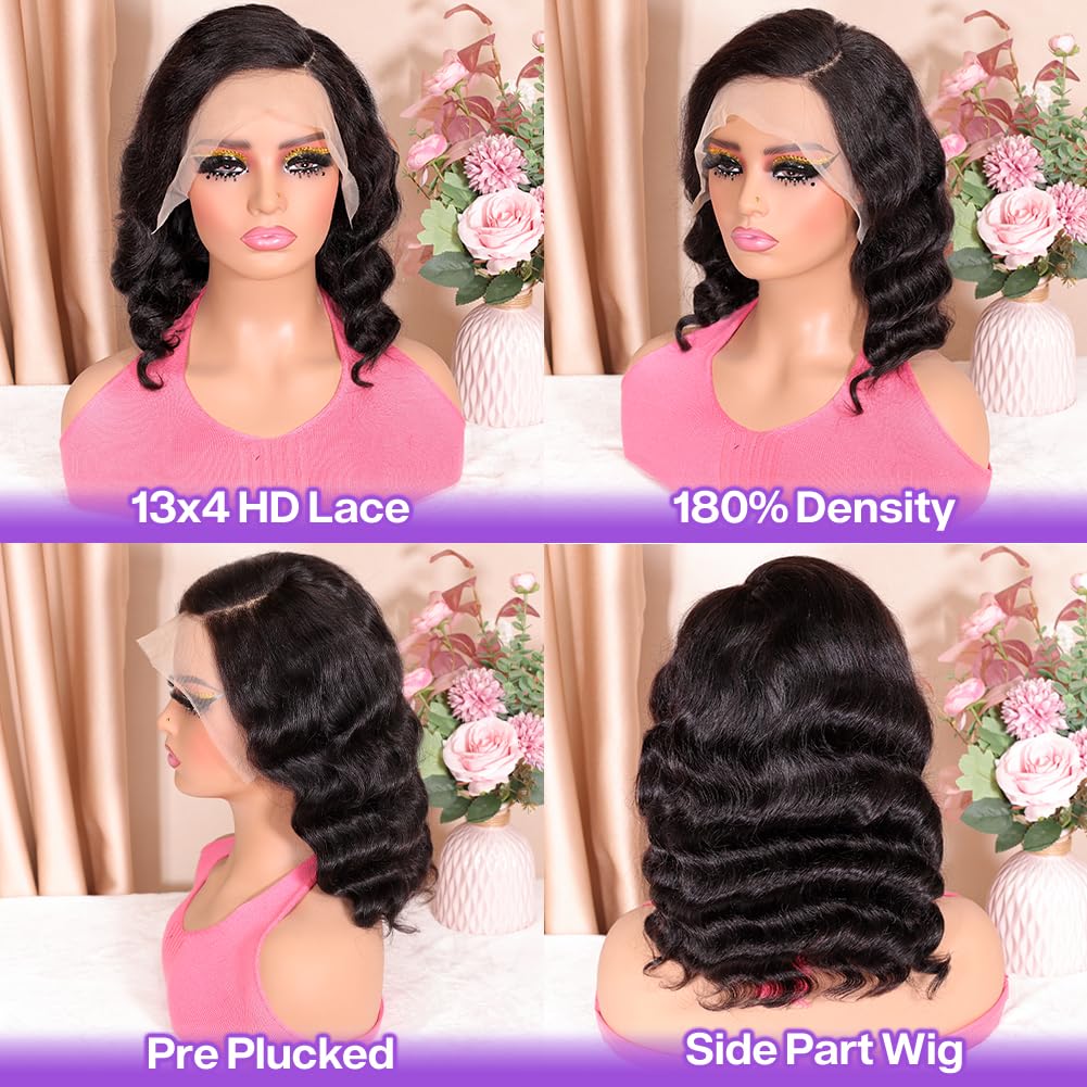 Hihmarm Body Wave Bob Wig Human Hair 13x4 HD Lace Front Wigs Human Hair Pre Plucked 180% Density Glueless Wig Bob Wigs for Black Women Body Wave Lace Frontal Wigs Human Hair Natural Black 14 Inch - Image 3