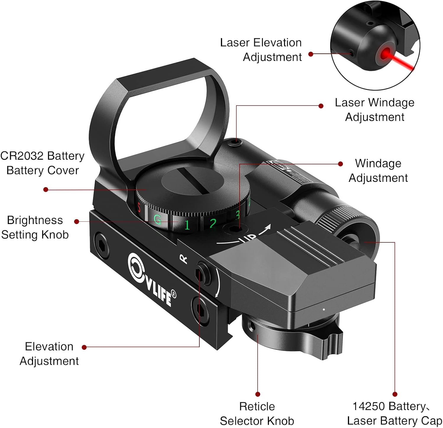 CVLIFE 1X22X33 Reflex Sight Red Dot Sight Red Green 4 Reticle Optics with Laser and Pressure Pad Switch for 20mm Rail - Image 6