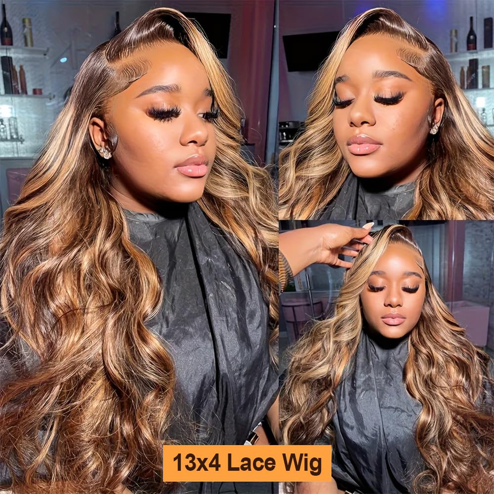 Honey Blonde Ombre Lace Front Wig Human Hair Highlight Wig Human Hair 4/27 Colored Body Wave HD Lace Front Wigs Human Hair Pre Plucked with Baby Hair Frontal Wigs for Women 180% Density 28 Inch - Image 5