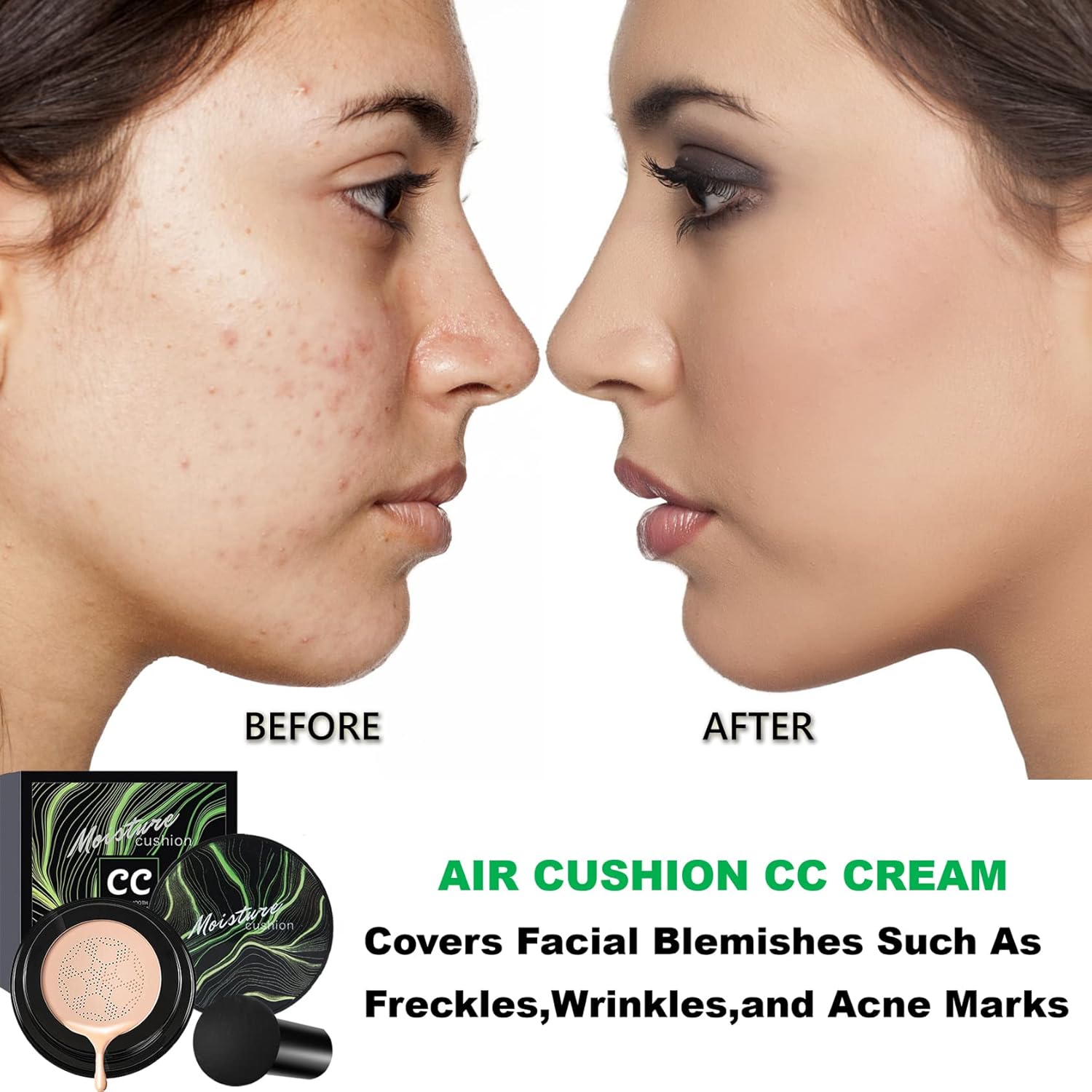 Mushroom Head Air Cushion CC Cream Foundation,QIUFSSE Mushroom Head Foundation BB Cream Makeup Foundation Concealer Brighten Long-lasting Oil Control and Moisturizing-Natural - Image 3
