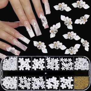 Nail Art Charms 3D Flower Nail Charms for Acrylic Nails White Gold Nail Art Supplies Luxurious Gems Rhinestones Pearls Design Nail Accessories for Women and Girls Nail Decorations.