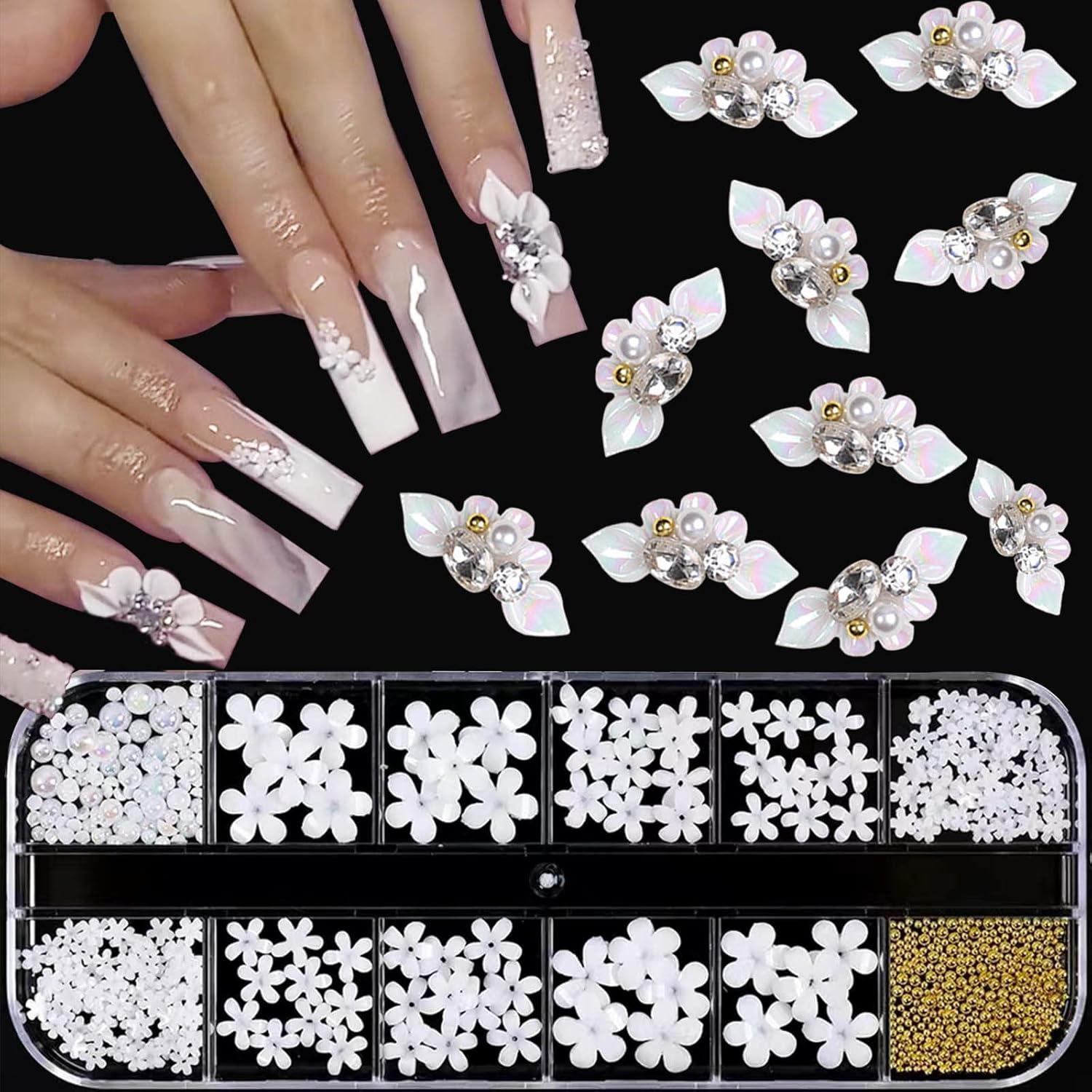 Nail Art Charms 3D Flower Nail Charms for Acrylic Nails White Gold Nail Art Supplies Luxurious Gems Rhinestones Pearls Design Nail Accessories for Women and Girls Nail Decorations.