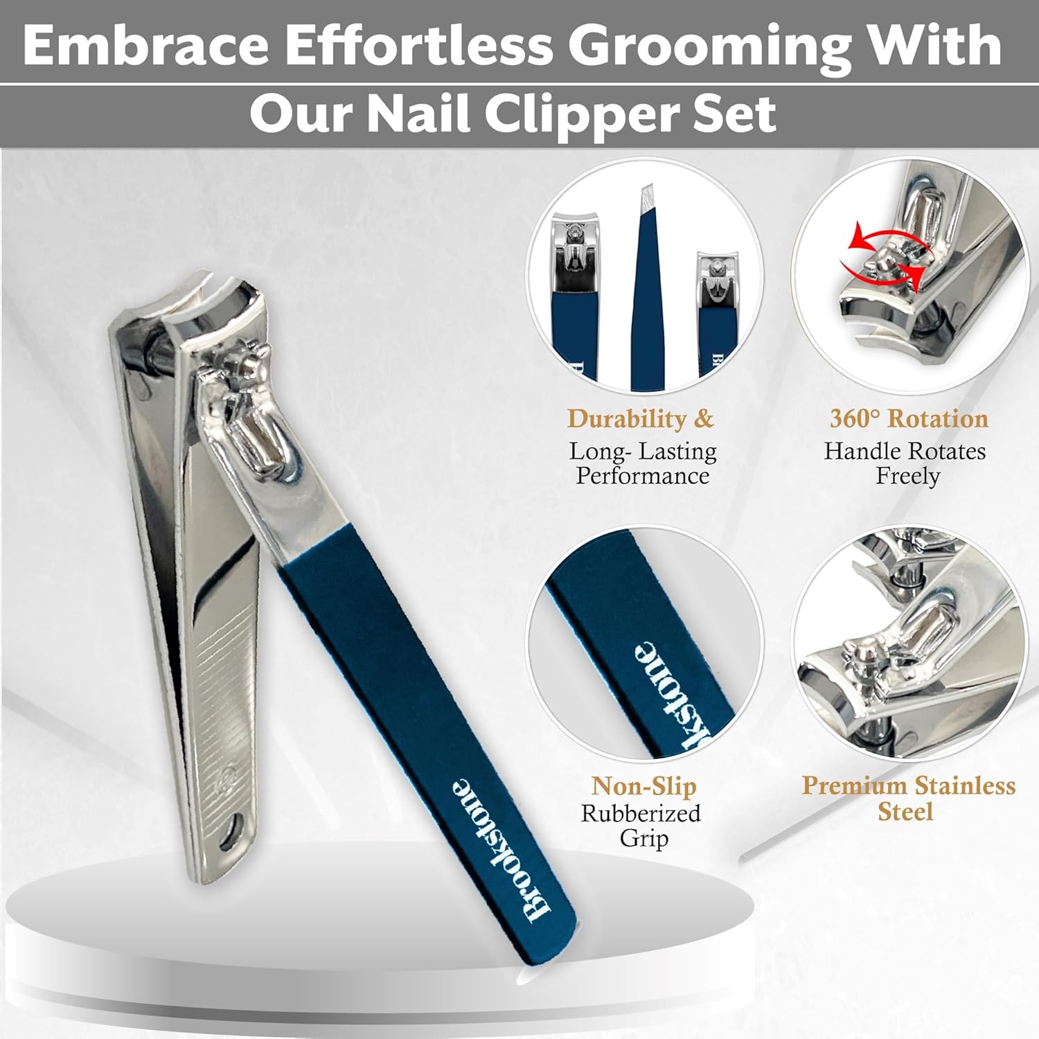 Brookstone Nail Clippers Set - Premium Stainless Steel Nail Clipper and Nail Cutter with Rubberized Non-Slip Grip, Includes Case and Tweezer, Two Nail Clippers for Precision Grooming (Navy) - Image 3