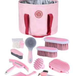 Harrison Howard Horse Grooming Kit 9-Piece Equine Care Series Horse Brush Sets with Organizer Tote Bag Pink