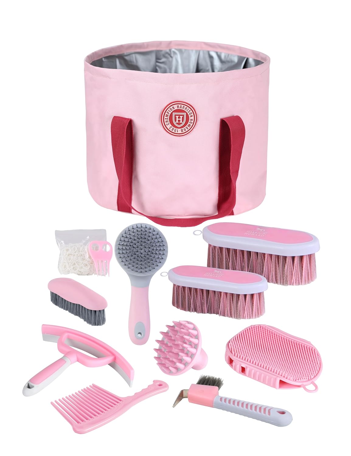 Harrison Howard Horse Grooming Kit 9-Piece Equine Care Series Horse Brush Sets with Organizer Tote Bag Pink