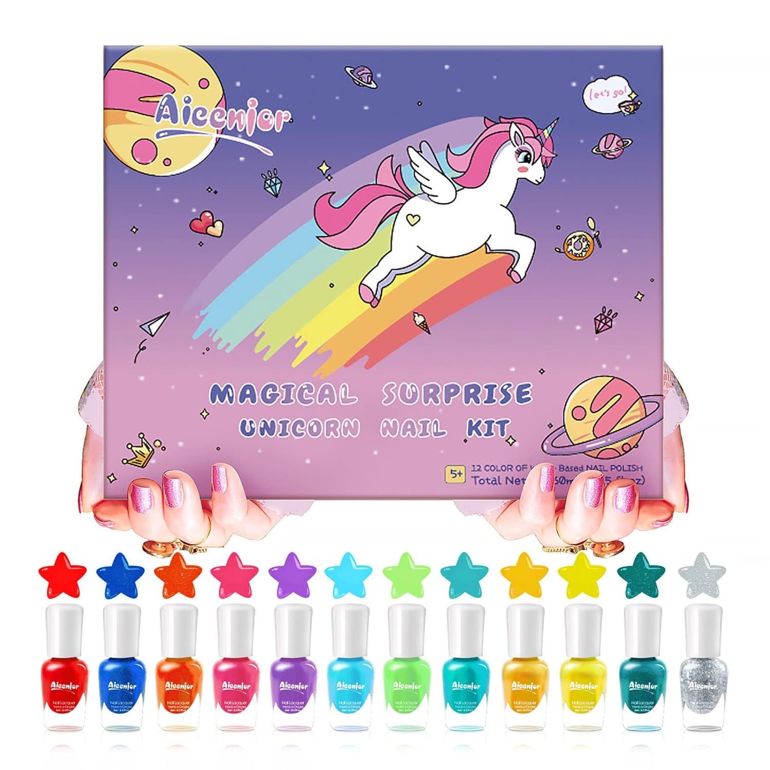 Kids Nail Polish Kit, 12 Color Toddler Nail Polish Set Non Toxic Peel-Off Safe Water Based Low Odor for Girls Ages 5+ for Makeovers and Birthday Zodiac Theme
