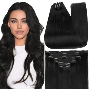 Full Shine 28 Inch Clip in Hair Extensions Real Human Hair Jet Black Long Clip in Extensions for Women Human Hair Triple Weft Straight Black Hair Extension 7 Pcs 150 G