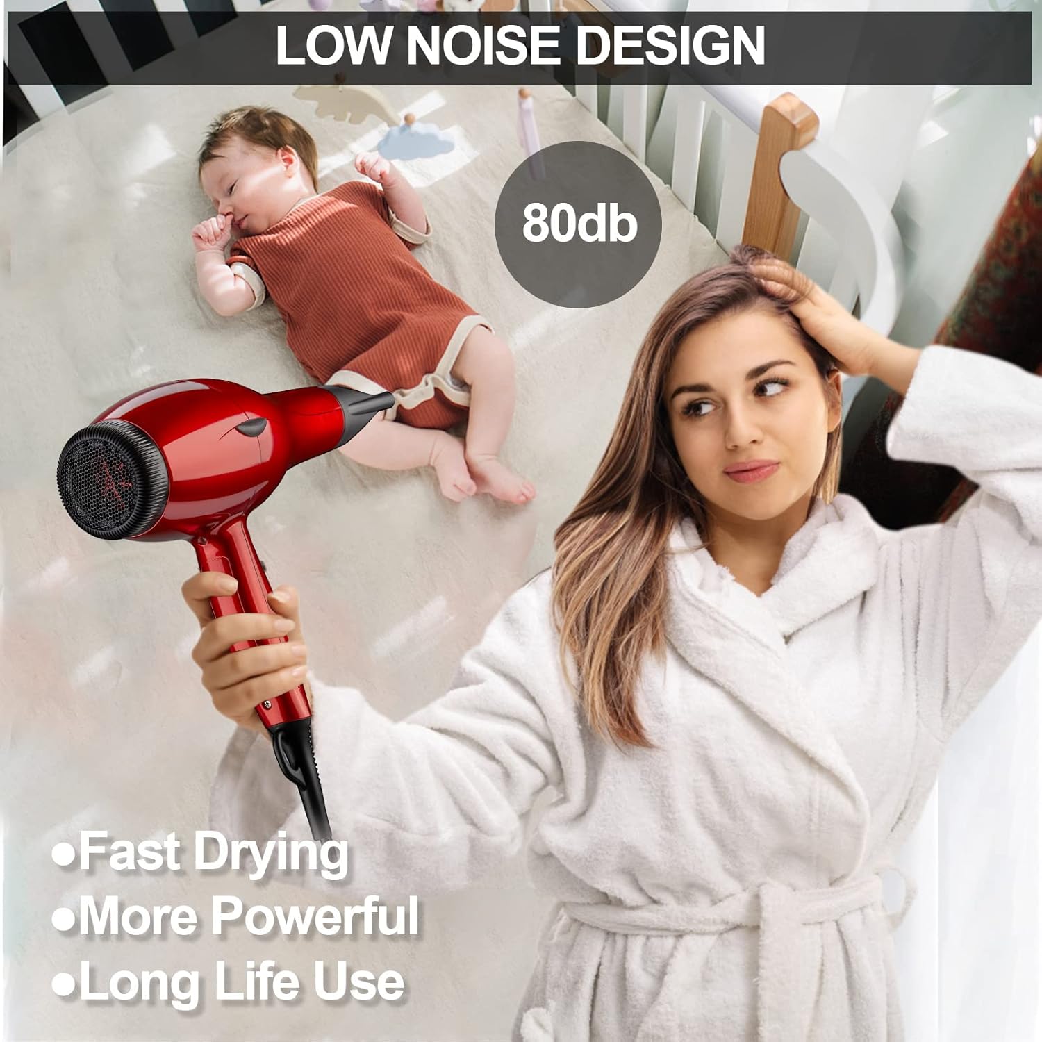 Professional Salon Hair Dryer, 1875W Blow Dryer, 2 Concentrator Nozzles, 3 Heat Settings, 2 Speed Slide Switch, Cool Shot Button, Fast Drying for Family, Low Noise (Cola Red) - Image 8