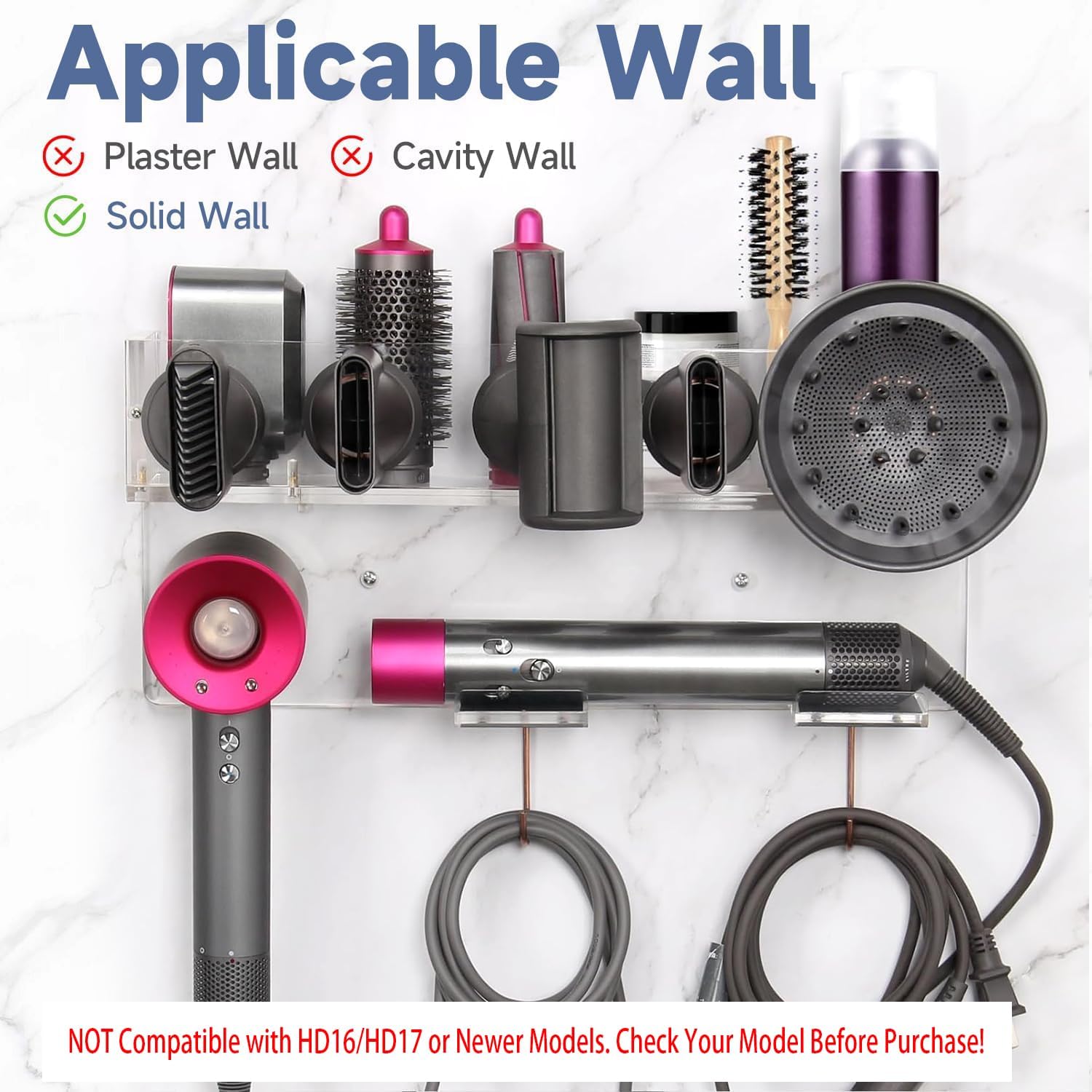 Wall Mount Holder Compatible with Dyson Airwrap Styler Supersonic Hair Dryer, Organizer for Storage Attachments, Rack with Hooks for Accessories Nozzles Barrels Brushes - Image 3