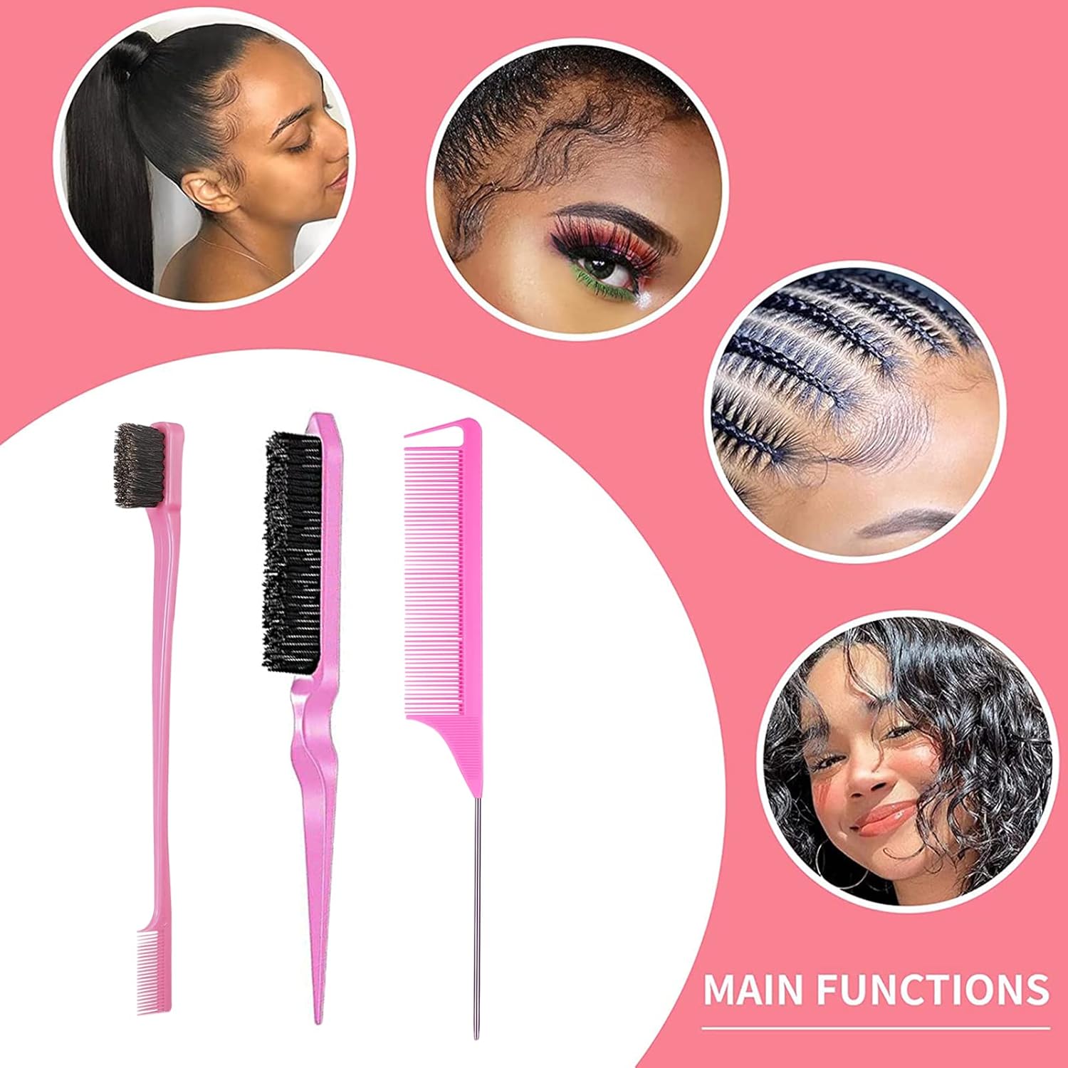 3 Pieces Hair Styling Comb Set Teasing Brush Rat Tail Comb Edge Brush for Edge&Back Brushing, Combing, Slicking Hair for Women (Pink) - Image 5