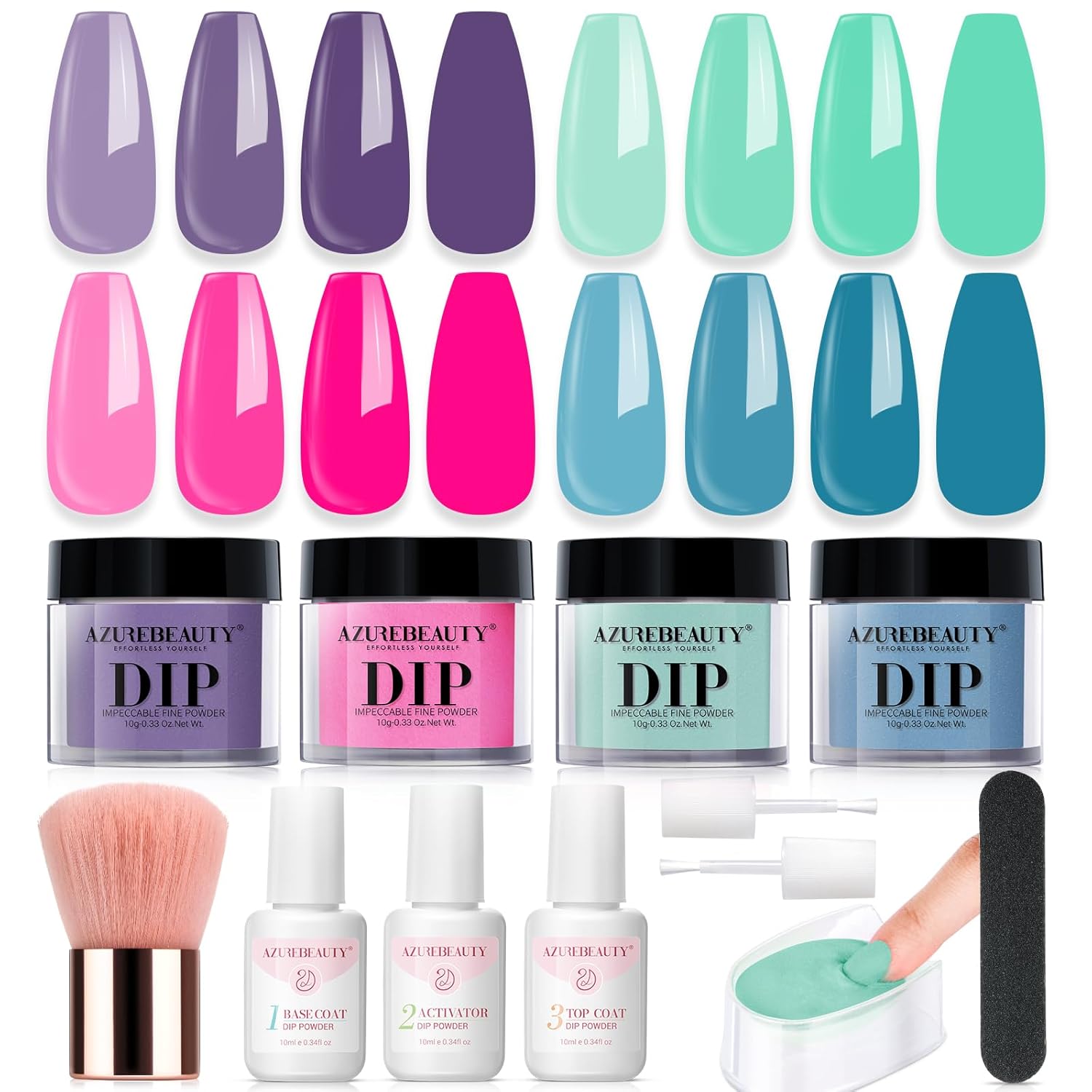AZUREBEAUTY Dip Powder Nail Kit Starter, Spring Summer Bright Pastel Green Hot Pink Purple 4 Colors Dipping Powder Liquid Set with Base/Top Coat Activator for French Nail Art Manicure DIY Easter Gift