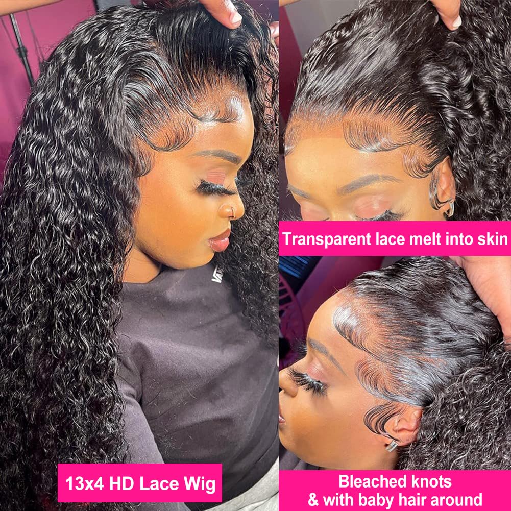 Pizazz 13x4 HD Transparent Lace Front Wigs Human Hair Pre plucked Bleached Knots with Baby Hair 12A 180 Density Brazilian Deep Wave Frontal Wigs for Black Women(26 Inch, Black color) - Image 3