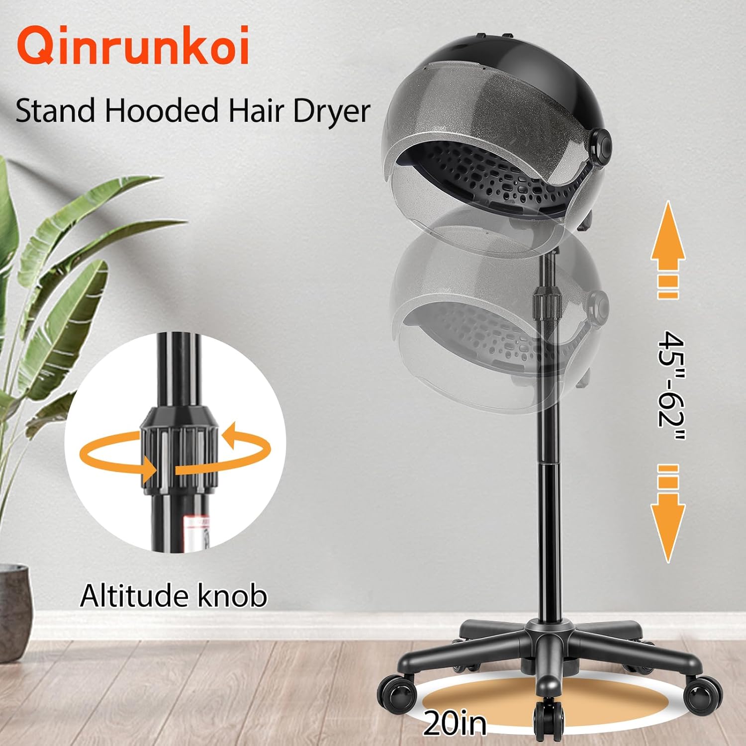Hooded Hair Dryer, Adjustable Stand Hair Dryer on Wheels,Professional Ionic Bonnet Dryer with 3 Temperature Settings, for Salon, Spa or at Home Use - Image 7