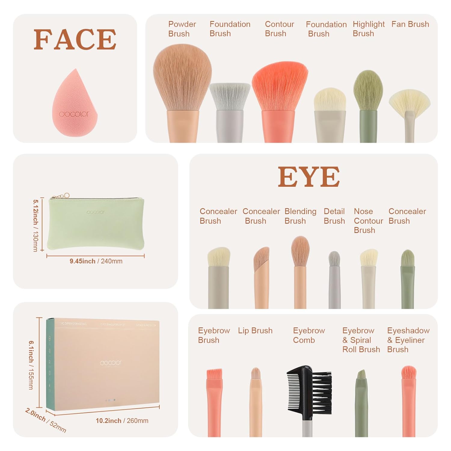 Docolor Makeup Brushes 17 Pcs with Makeup Bag and Makeup Sponge and Brush Protector Morandi Makeup Brush Set Premium Synthetic hair makeup brush Wooden handle Gift Box - Image 3