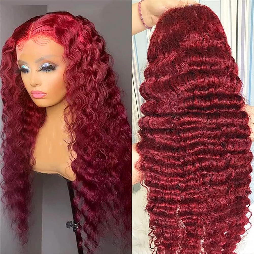 Hedy 28 Inch 99J Burgundy Deep Wave Lace Front Wigs Human Hair Pre Plucked with Baby Hair Glueless 13x6 HD Transparent Brazilian Human Hair Full Lace Frontal Wigs for Women Wine Red Color 180% Density - Image 7