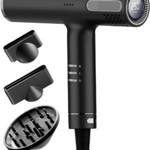 Lanvier Hair Dryer with Diffuser, Professional Ionic Blow Dryer with High Speed Brushless Motor, Compact Design for Fast Drying, Intelligent Heat, Airflow Control with LCD Display for All Hair Types